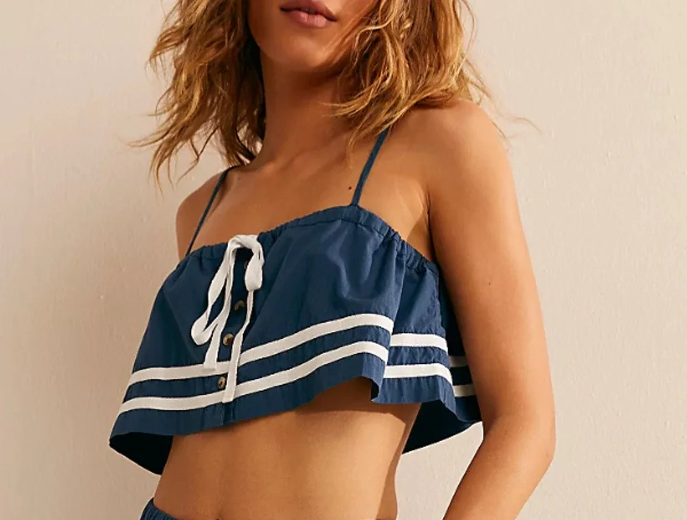 NEW FREE PEOPLE BLUE WHITE FISCHER NAUTICAL SAILOR CROPPED TOP SHIRT SZ XS
